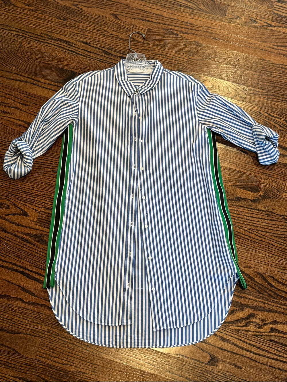 Women’s Zara Striped Blue & White Button-Down Shirt with Green Side Panels XS